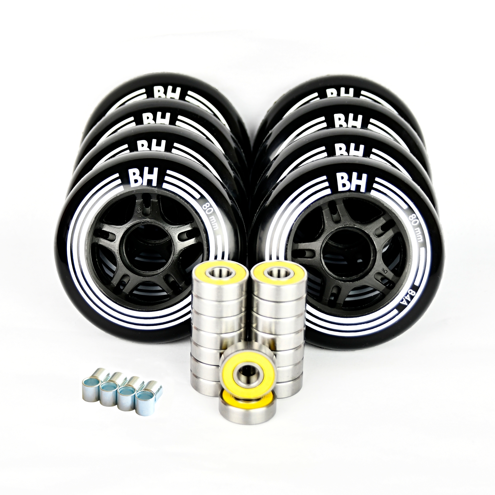 In-line sada koleček BH Black 80mm 84A 8 ks + 16 ks ložisek ABEC 9 + spacery