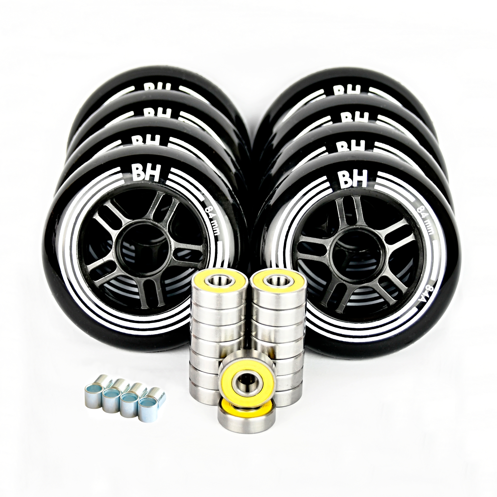 In-line sada koleček BH Black 84mm 84A 8 ks + 16 ks ložisek ABEC 9 + spacery
