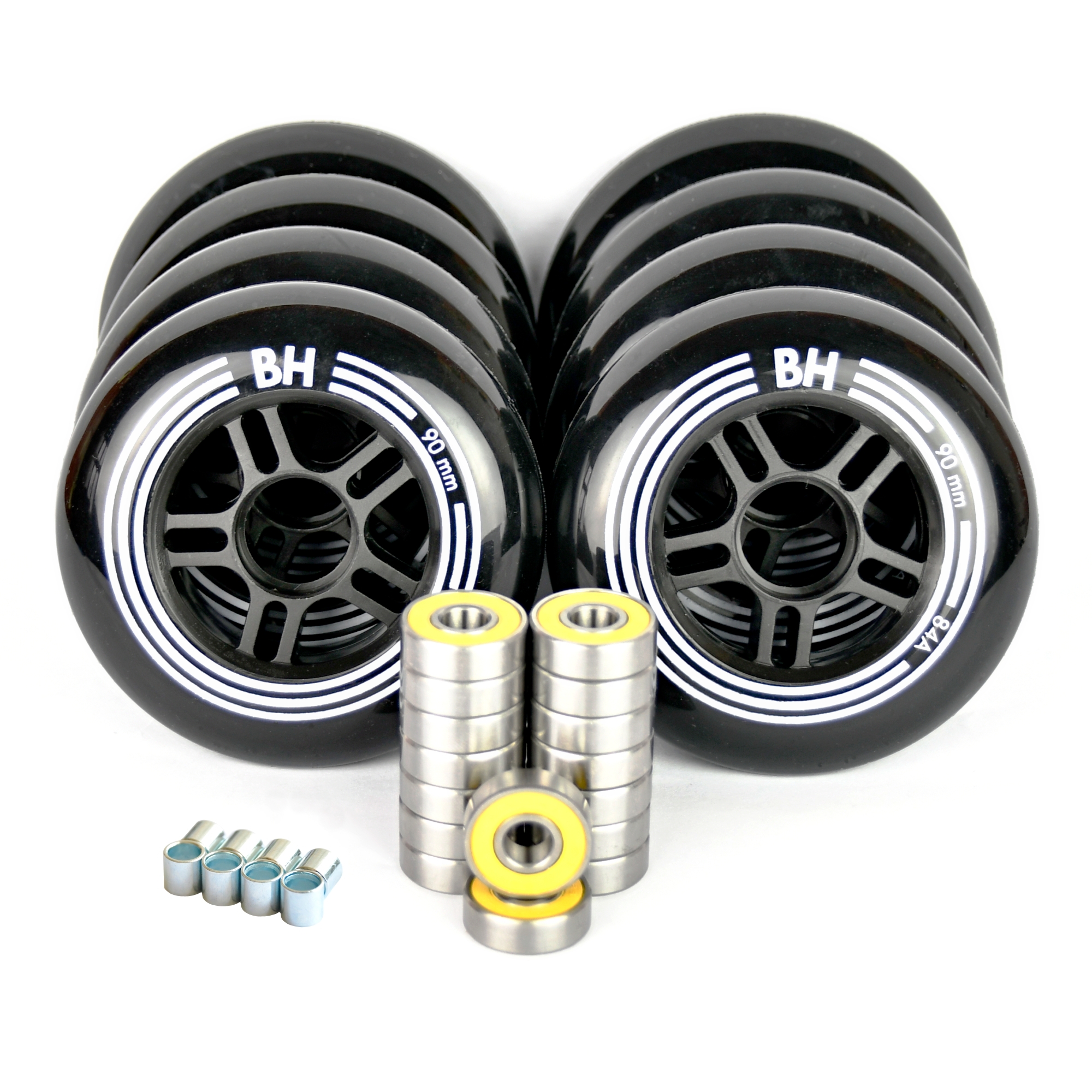In-line sada koleček BH Black 90mm 84A 8 ks + 16 ks ložisek ABEC 9 + spacery